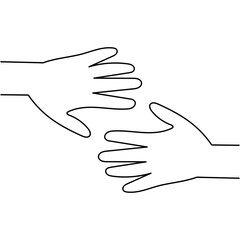 Simple line drawing of two hands reaching out, white background. Connection and support concept