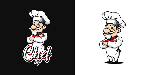  chef mascot logo design. Chef Design vector Logo illustration, Restaurant logo. Cartoon smiling chef character