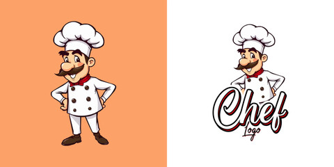  chef mascot logo design. Chef Design vector Logo illustration, Restaurant logo. Cartoon smiling chef character