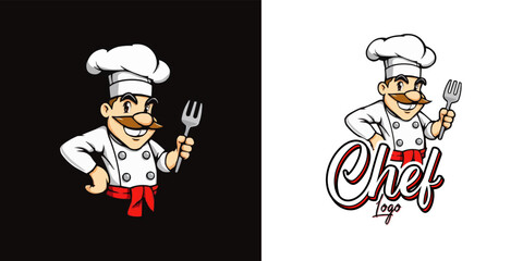  chef mascot logo design. Chef Design vector Logo illustration, Restaurant logo. Cartoon smiling chef character