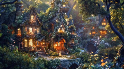 Fototapeta premium Enchanting Cottage in a Magical Forest at Sunset