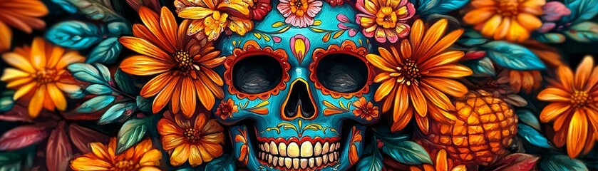 Floral Skull Embrace, Day of the Dead, Sugar Skull, Mexican Art