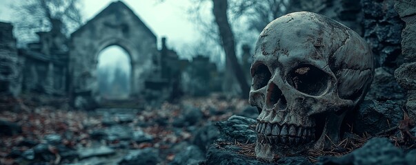 Fototapeta premium Forgotten Skull in Ruined Chapel, Ruins, Skull, Ghostly