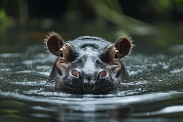 Fototapeta premium Cute hippo is swimming in a river with its head above the water