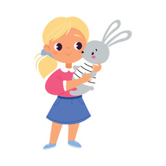 Girl Character Play Toy Fluffy Bunny Vector Illustration