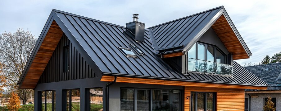 Modern Black Metal Roof with Wooden Accents, Home Design, Contemporary Architecture, Roofing, Metal Roofing