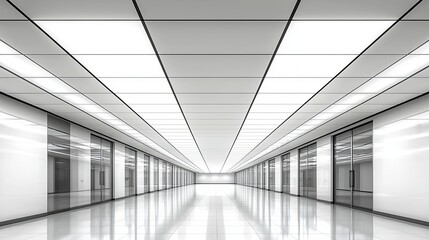 Perspective of an Endless Hallway, Featuring a White Ceiling with Black Grids, Glass Doors, and Reflective Floor, architecture, interior design, corridor