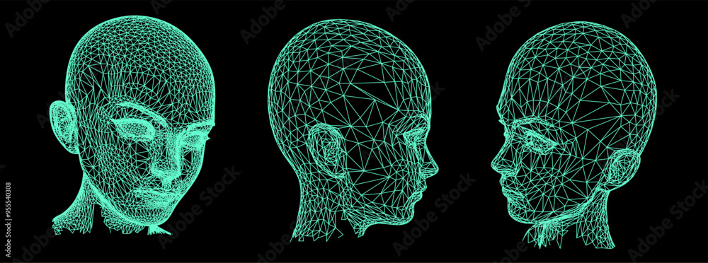 Poster a set of 3d heads made of mesh on a black background. illustration in techno futuristic style.