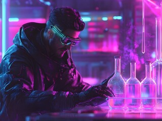 Obraz premium Technomancer Monitors Prismatic Potion Reaction in Neon Lit Laboratory