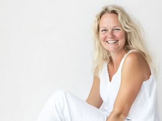 Naklejka premium elderly adult elegant woman with grey hair in white clothes posing on white background, smiling natural look, skin with wrinkles