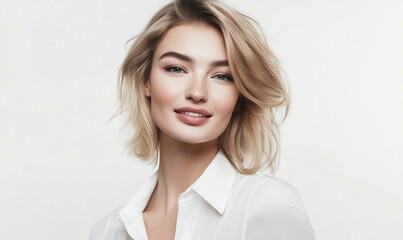 Fototapeta premium portrait of elegant pretty young blond woman in white clothes blouse smiling posing on white background, pretty cute candid beauty portrait, natural look