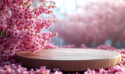 Among The Vibrant Pink Blossoms Of Cherry Flowers, An Empty Wooden Table Awaits Your Product, Offering A Beautiful Balance Of Natural Warmth And Delicate Floral Charm.