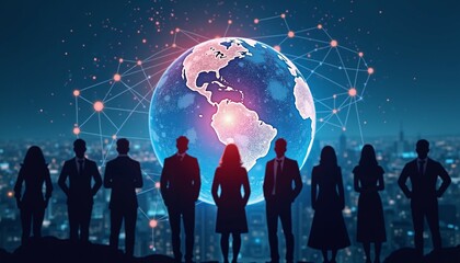 Silhouettes of business professionals standing in front of a digital globe with connected nodes, symbolizing global networking, technology, and international collaboration in a futuristic setting.
