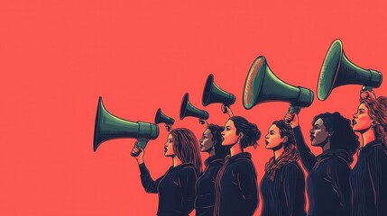 A group of women passionately raising their voices with megaphones against a vibrant background symbolizing empowerment and advocacy