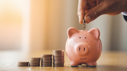 A hand places a coin into a pink piggy bank, surrounded by stacks of coins, symbolizing saving and financial management