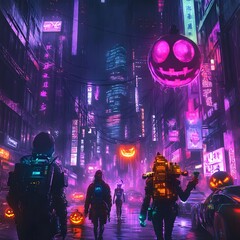 Obraz premium Cybernetically enhanced Halloween Revelers Prowl Neon lit Dystopian Metropolis with High tech