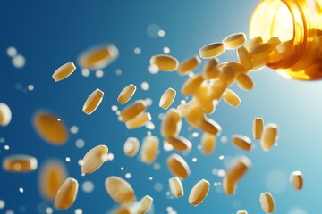 Pills spilling out of a bottle against a blue background.  The image evokes a sense of medication and health.