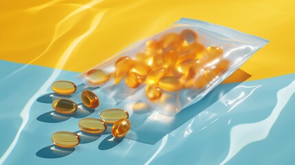 Fish oil capsules in clear bag on colorful background