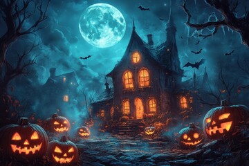 A spooky Halloween scene featuring a haunted house, glowing pumpkins, and a full moon, set against a dark, eerie backdrop with bats flying in the night sky