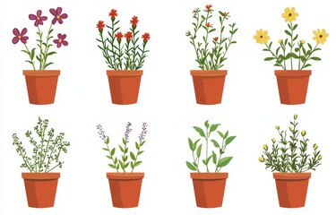 Colorful watercolor houseplant pot with flowers blooming in spring and summer, clipart collection set isolated on white