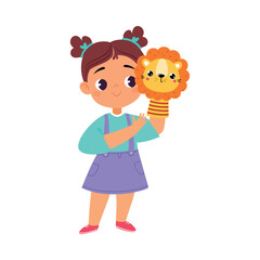 Girl Character Play Toy Lion Doll on Hand Vector Illustration