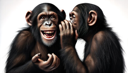 Two chimpanzees interacting, one whispering a secret to the other, who responds with a wide, expressive smile. Chimpanzees sharing a secret with funny expression on white background