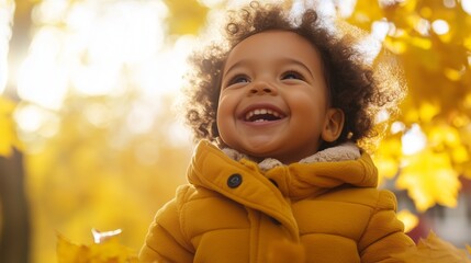Cute African American baby boy playing in fall leaves and laughing.