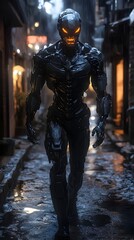 Obraz premium Cyborg vampire with skeletal mechanical visage lurking in dimly lit rain soaked urban alleyway on