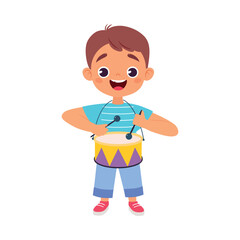 Boy Character Play Toy Drum with Stick Vector Illustration