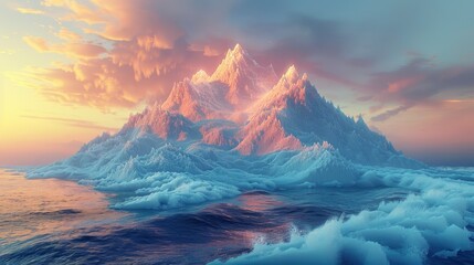 Majestic Mountain Peak Emerging from the Sea at Sunset