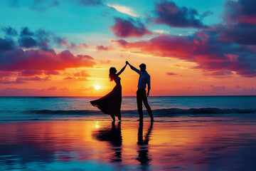 Silhouette of man and woman dancing at sunset on beach