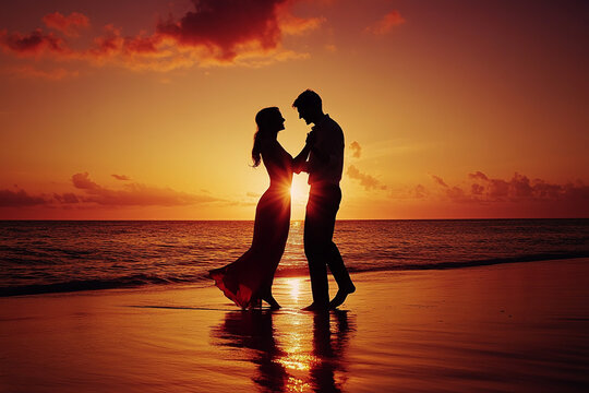 Silhouette of man and woman dancing at sunset on beach