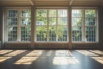 Empty room with huge windows. Copy space for text, background.