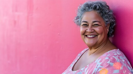 A Hispanic woman in her 50s smiles warmly, radiating confidence, joy, and authenticity.
