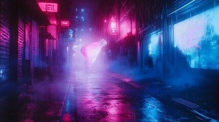 Fototapeta premium Amorphous Entity Haunting a Gritty Alleyway in Electric Blues and Pinks