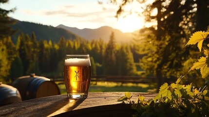 A glass of beer on a table with a scenic forest and mountain view during sunset, creating a warm and inviting atmosphere.