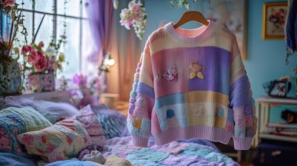 Fototapeta premium Whimsical Pastel Patchwork Sweater Art: A Playful Blend of Floral and Striped Patterns in Soft Pinks, Purples, and Blues for Vintage Bedroom Decor or Stylish Wall Poster