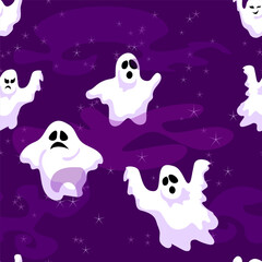 Seamless pattern with cute ghosts and stars. Halloween ghost characters. Vector