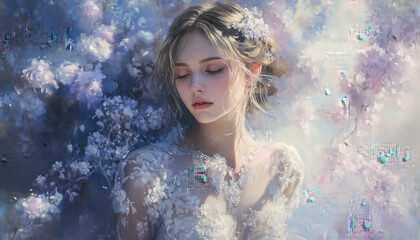 Naklejka premium Elegant Woman in White Dress by Water with Floral Background