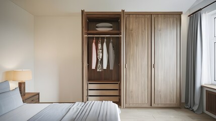A minimalist style bedroom interior design with a wooden wardrobe. The wardrobe has a few clothes hanging inside. A bed, a nightstand and a lamp.