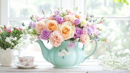 A charming mix of pastel-colored roses and carnations, arranged in a vintage teapot, perfect for a birthday tea party