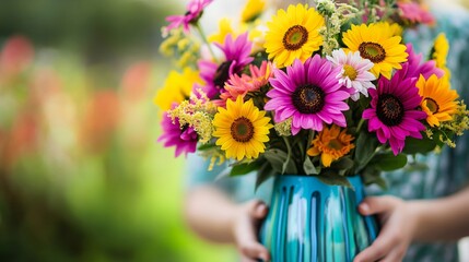 Fototapeta premium A cheerful mix of bright daisies and cheerful sunflowers, arranged in a fun, colorful vase for a festive birthday celebration