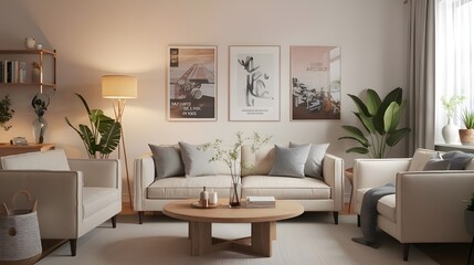 A Scandinavian style modern living room with beige sofas, a round wooden coffee table, and a white wall with posters.