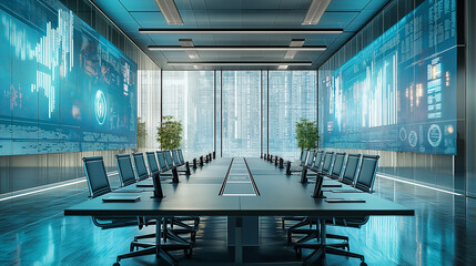 Modern Futuristic Conference Room with Holographic Displays and City View