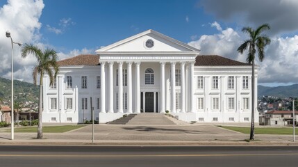 Obraz premium The colonial building in Santino de Laittedo features a vibrant yellow exterior with white accents and iron doors, against a bright blue sky, embodying Cuban architecture