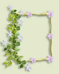 invitation or greeting card template design decorated with flowers, plant, green leaves. flat lay, top view.