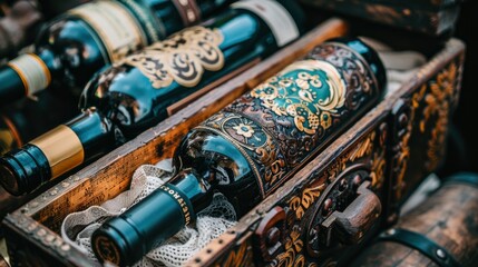 Vintage Wine Bottles in Wooden Crate with Ornate Carvings