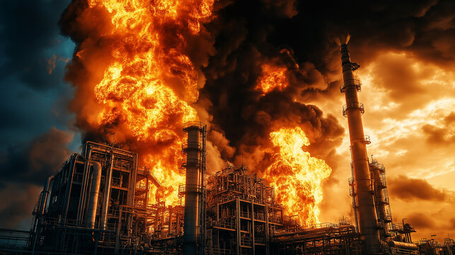 Big flame of fires and black smoke, explosion in an industrial oil refinery factory building. Significantly Petroleum gas pollution, petrochemical hazardous accident, emergency disaster