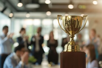 A golden trophy stands in focus while people celebrate in the background, representing achievement and success in a corporate setting.
