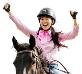 PNG Joyful Asian woman riding horse with safety helmet mammal white background achievement.